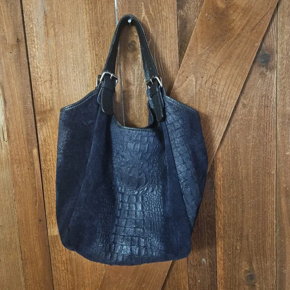Vera Pelle Women's Navy Crocodile Leather and Suede Large Hobo Handbag - Picture 3 of 11